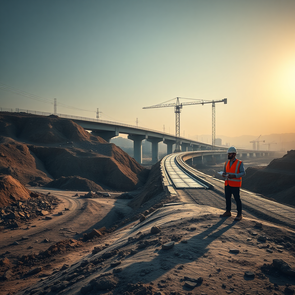Construction site with engineers and heavy equipment